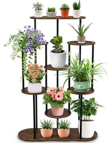Estantería para plantas de 8 niveles, soporte para flores de metal y madera, 105 cm de alto, ahorra espacio para plantas de interior, salón y balcón, estable, moderna y decorativa