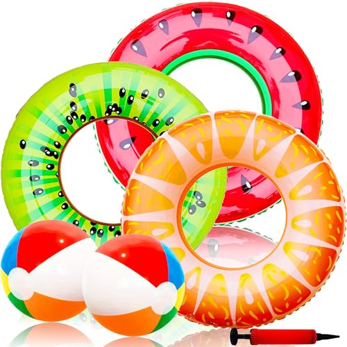 Giocattoli da Piscina a Forma di Frutta, 3 Pezzi Anello da Nuoto Frutta Gonfiabile 90cm e 2 Pezzi Pallone da Spiaggia con Pompa, PVC Salvagente per Spiaggia Mare Nuoto Piscina Festa Bambini Adulti