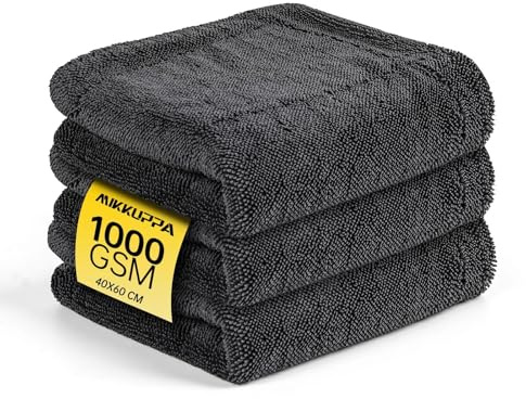 MIKKUPPA Panno in microfibra per auto 1000 GSM, extra spesso ed estremamente assorbente, utilizzabile su entrambi i lati, senza pelucchi e vernice, 40 x 60 cm, set da 3 pezzi