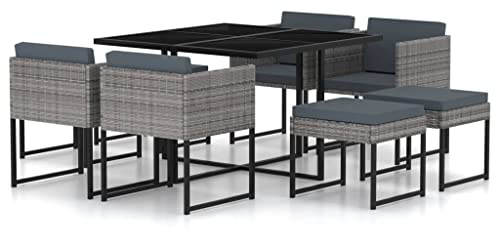 JHQHSM 9-TLG. Garten-Essgruppe für 8 Personen mit Kissen, Poly Rattan Grau, wetterbeständige PE-Rattan Möbel mit Stahlrahmen und gehärteter Glasplatte, inklusive Abnehmbarer Bezüge