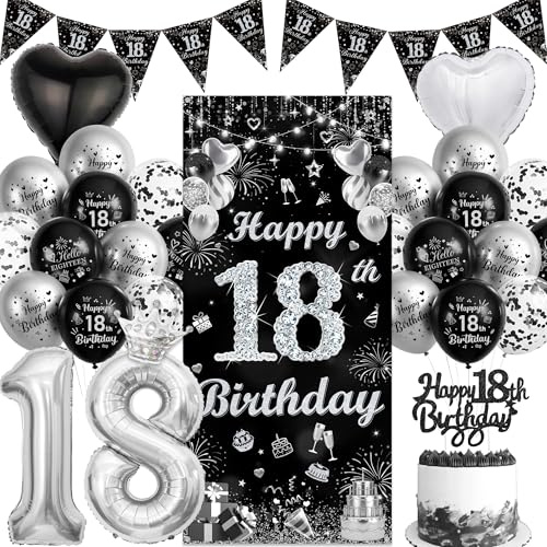 Deko 18. Geburtstag Junge Luftballons Banner - 18 Geburtstagsdeko Happy Birthday Hintergrund Ballons und Tortendeko, Wimpel und Zahlenballon für 18 Geburtstagsparty Dekoration