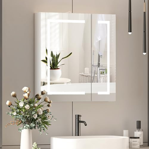 Mepplzian Led Bathroom Mirror Cabinet,60x65 Bathroom Cabinets with Mirror | 2 Door,Built in Three-Pin Socket,USB,Shaver Socket,Anti Fog,Touch Control,Memory Lighted,3 Color,Adjustable Color Temperature