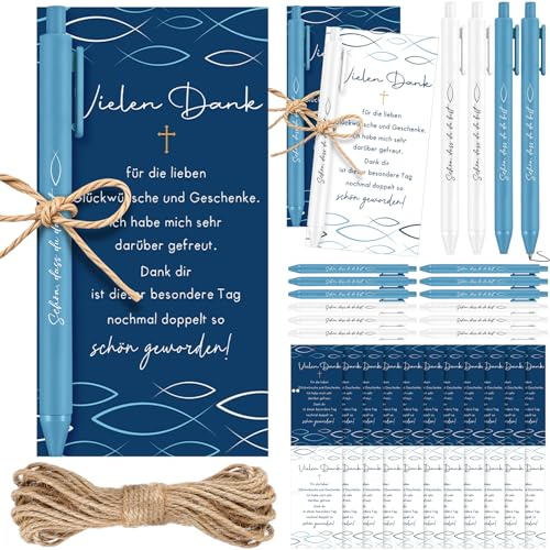 Tenare 30 Set Kommunion Geschenk 30 Vielen Dank Karten mit 30 Blau und Weiß Fisch Schön Dass du da Bist Kugelschreiber Dankeschön Gastgeschenke für Taufe Firmung Konfirmation Geburtstag Tischdeko