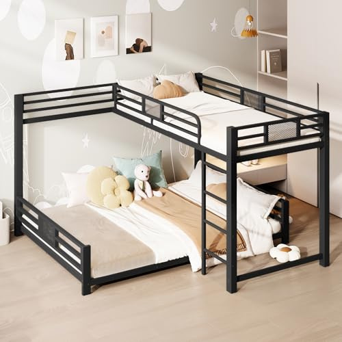 Dolamaní Etagenbett 90x200/140x200 cm Metall, L-förmiges Eckgestaltung, Sicherheitsgeländer, Metallbett Stockbett 2 Bett mit Lattenrost, Doppelstockbett, ohne Matratze (Schwarz)