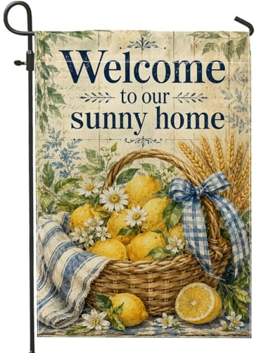 Bandiera da giardino con limoni, cesto rustico estivo con crisantemo giallo estivo in iuta doppia faccia bandiere decorative per esterni, prato, portico, patio, ingresso, 30,5 x 45,7 cm