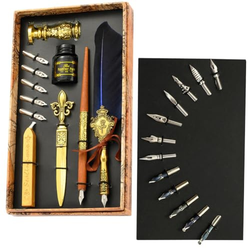 Generiskt bläckset med fjäderköl | Quill Pen set antik kalligrafidip pen | med bläck | fjäderkalligrafibläckset med reservspetsar, bläck, vaxstämplar, dip-pen-presentset