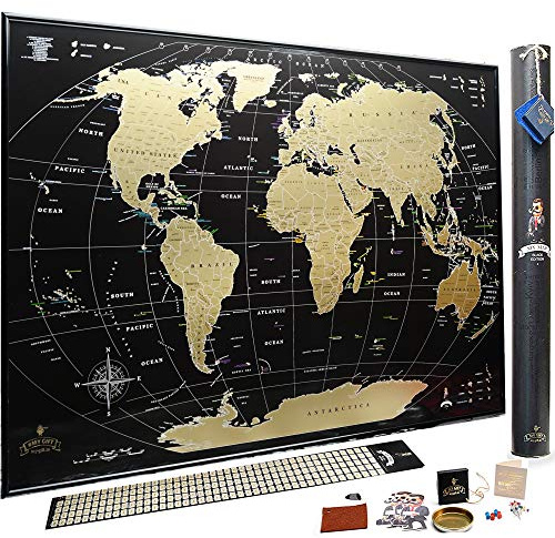 Schwarze Rubbel Weltkarte - Hochwertige Qualität - Rubbelweltkarte Deluxe Edition - Weltkarte zum frei rubbeln - Weltkarte zum Freirubbeln - Rubbelkarte - Landkarte (gold)