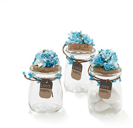 Lot de 20 bocaux en verre avec bouchon en liège, décor fleuri fait main, étiquette LOVE, bonbonnières pour mariage, baptême, fête – thème nature (bleu)