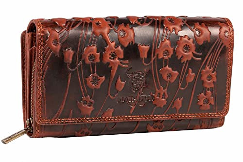 MATADOR Portemonnaie Damen Leder #LISSABON mit edler Geschenkbox, Elegante Damen Geldbörsen mit RFID Blocker, Luxus Geldbörse Groß mit vielen Kartenfächern, Blumen Braun