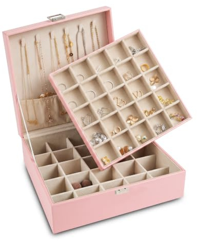 Frebeauty Ohrring-Organizer mit 50 Fächern, 2-lagige Schmuckschatulle | Schmuckkästchen Aus Kunstleder, Verstellbare Trennwände, Samtfutter, Halsketten Organizer, Schmuckaufbewahrung