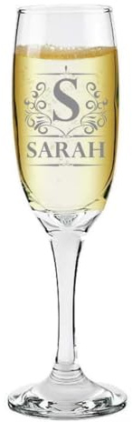 Personalised Champagne Flute | Ornate Design Engraved Prosecco Glass | Champagne Gift for Christmas Wedding Anniversary Birthday | Customise with Any Initial and Name, 210 ml
