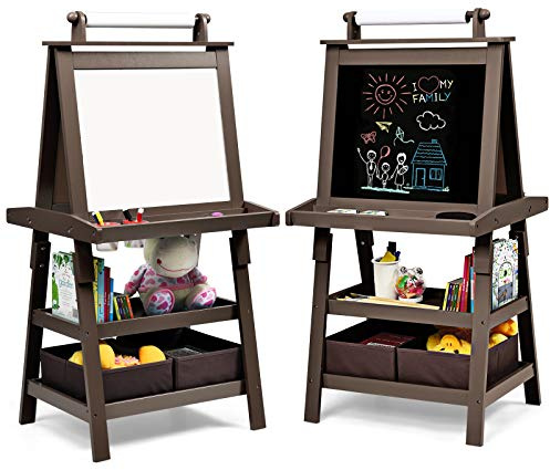 GOPLUS 3 in 1 Standtafel für Kinder, Magnetisches Whiteboard & Kreidetafel, Doppelseitiger Staffelei mit Aufbewahrungsbox, Maltafel, Schreibtafel, Kindertafel ink. Malpapier und Magneten (Braun)