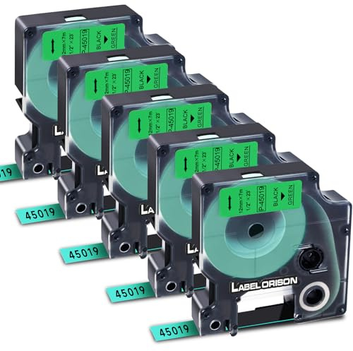 Label Orison 45019 Etikettenband kompatibel mit DYMO D1 Label Maker Nachfüllpackungen für Dymo LabelManager 160 280 210D, 12mm x 7m (1/2 Zoll x 23 Fuß), 5er-Pack, schwarz auf grün