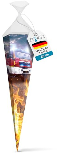itenga Schultüte 85cm groß Feuerwehr 6eckig Einschulung Schulanfang - Zuckertüte für Jungen und Mädchen mit Feuerwehrauto und Feuer