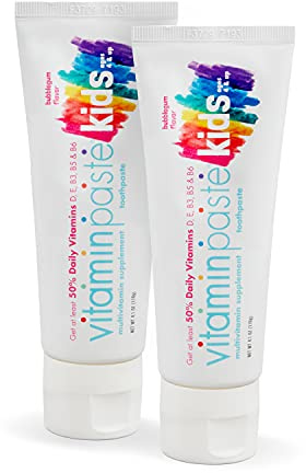 Vitaminpaste Kids Toothpaste with Daily Multivitamins B3, B5, B6, D, E, Xylitol, Calcium, Fluoride Free, Fresh Breath, Fights Tarter, Anti-Cavity, Safe to Swallow, 4.1oz, Bubble Gum Flavor, 2-Pack