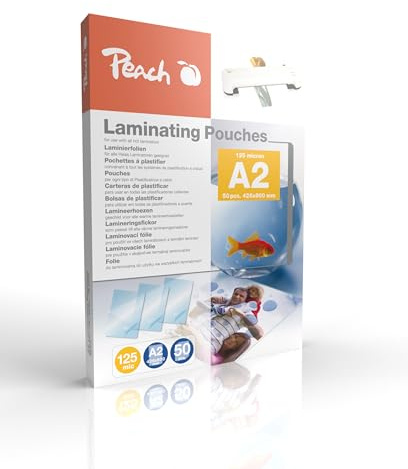 Peach Pellicole plastificatrici A2 – 125 mic – 50 pouches – Lucide – Qualità premium per i migliori risultati di laminazione – Compatibile con dispositivi di tutti i produttori – PP525-12