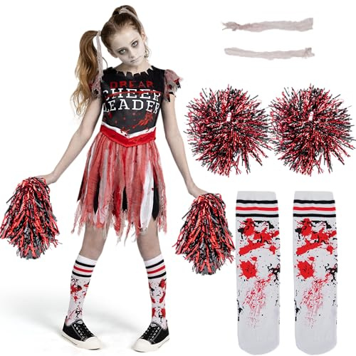 Spooktacular Creations Mädchen gruseliger blutiger Cheerleaderkostüm, Zombie-Cheerleader-Kostüm für Halloween Dress-up-Partys