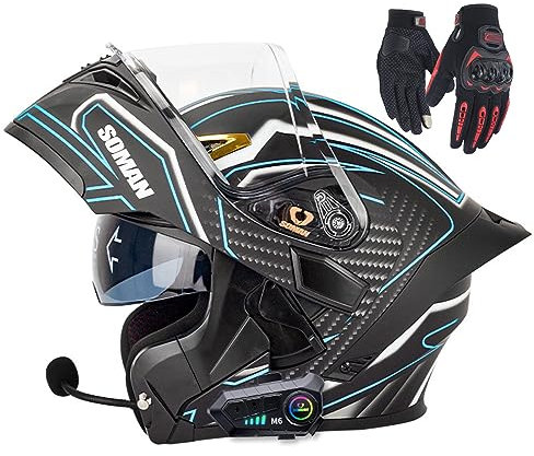 BGGNG Flip Up Motorcycle Helmet with Bluetooth,ECE Approved Modular Full Face Motorcycle Helmet Double Visor Motorbike Street Bike Helmet Built in FM Radio Speaker Microphone L,S=55-56cm