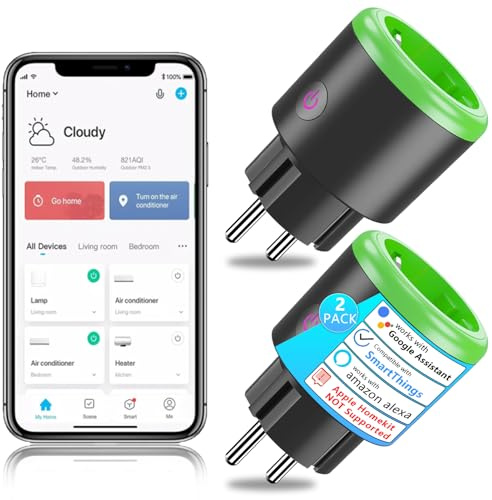SURFOU Smart Steckdose 2er-Pack, Wlan Alexa Plug 16A, App Fernbedienung, Sprachsteuerung, Funktioniert mit Alexa, Google Home und SmartThings, Zeitplan, Stromverbrauch Messen, Nur 2,4GHz WiFi