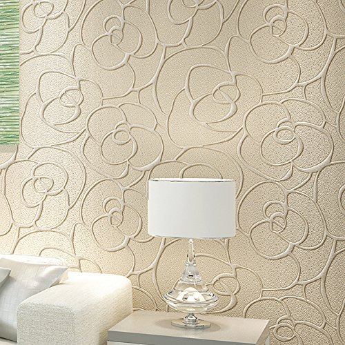 HimYKEA Modern Minimalist 3D Deep Embossed Rose Flower Pattern Non-Woven Textured Non-Pasted Wallpaper Roll Cream 1.73'W x 32.8'L