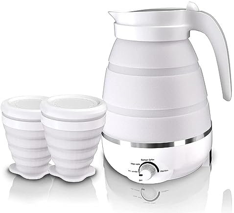 Bollitore Elettrico Pieghevole, 600ml Bollitore Elettrico Portatile Bollitore Pieghevole in Silicone Mini Bollitore da Viaggio Piccolo con 2 Tazze Pieghevoli per Viaggi, Campeggio (Bianco)