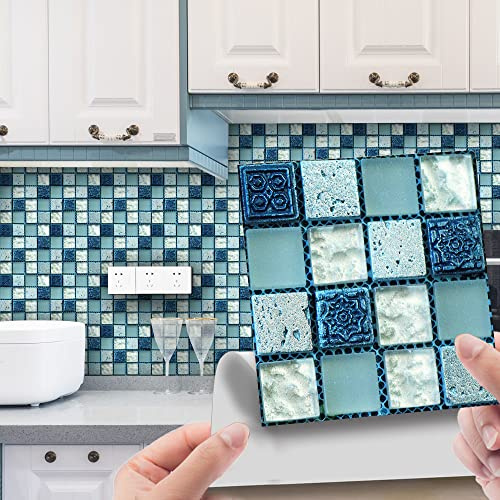 Stickers Muraux Cuisine Mosaïque Bleue Décoration Murale En Carrelage,Autocollants Carrelage Salle De Bain Et Cuisine,Auto-Adhésif Pvc Imperméable Style Carreaux De Ciment 15X15Cm