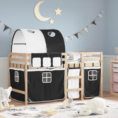 vidaXL Kinder Hochbett, Kinderbett mit Tunnel, Spielbett Bett für Kinder ab 6 Jahren, Etagenbett Bettgestell, Weiß Schwarz 90x200cm Massivholz Kiefer