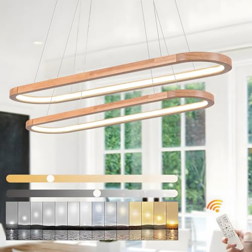 WayLuoung Holz LED Kronleuchter Deckenleuchte, Dimmbare 2 Schicht Oval Ring Holzbeleuchtung, 3000-6000K, Einstellbare Kreis Anhängerlampe, Kücheninsel Esszimmer Living Foyer【70+90cm】