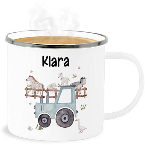 Emaille Becher Blechbecher - Bauernhof Traktor Tiere mit Namen Landwirtschaftlicher Tiermotiv Bauernhoftieren - 300 ml - Weiß Silber - personalisierte tasse kita traktoren kuh trinkbecher