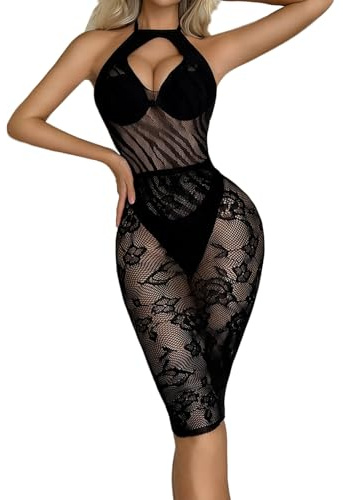 Lencería Sexy de Malla para Mujer, Vestido Sexy Mujer,Bodycon Transparente, Mini Vestido Rejilla, Ropa De Dormir Sin Espalda Sin Mangas-Negro