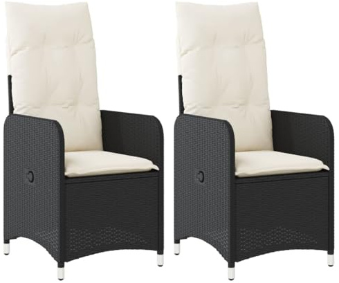 vidaXL Gartensessel mit Kissen 2 STK., Verstellbar Gartenstuhl mit Stahlrahmen, Loungesessel für Außenbereich, Relaxsessel Sthulset, Schwarz Poly Rattan