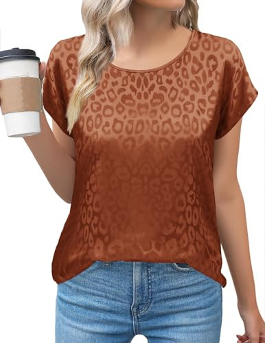 Zeagoo Camiseta de satén para mujer, informal, estampado de Leoprint, manga corta, elegante, cuello redondo, blusa de leopardo, informal, blusa de verano, básica, tiempo libre, leopardo, moda Tops,