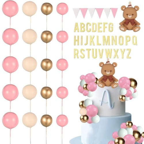 ZPSOSPZ Bear Cake Toppers Pink Teddy Bear Cake Decoration with Gold Pink White Pearl Ball Baby Welcome Baby Cake Decoration Party Birthday Party Teddy Bear Birthday Decoration 23PCS
