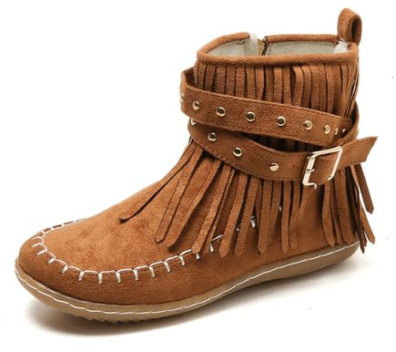 WOFANLULY Damen-Stiefeletten, runde Zehenpartie, modische Fransen, seitlicher Reißverschluss, Damen-Winterstiefel