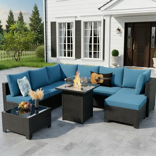 Peacabo 8 Piece Outdoor Patio Furniture Set with Fire Pit Table, Wicker Sectional Sofa Set with Thick Cushions, Perfect for Garden Lawn Pool or Backyard, (Brown/Peacock Blue)