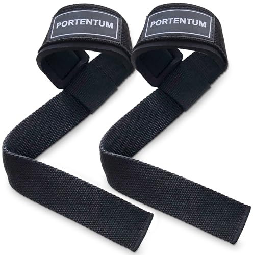 PORTENTUM® Sangle de Tirage Musculation - Lifting Straps pour Fitness, Levage, Gym - Accessoires Salle de Sport (Noir)