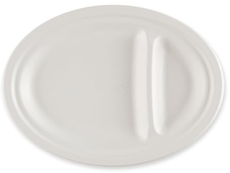 500 Stück NATUREStar Menüteller, 2-geteilt, oval | Zuckerrohr, weiß, L: 26cm, B: 19cm, H: 2cm, Karton, Zuckerrohrteller, Einmalteller, Bioteller, Partygeschirr, Einwegteller aus Zuckerrohr