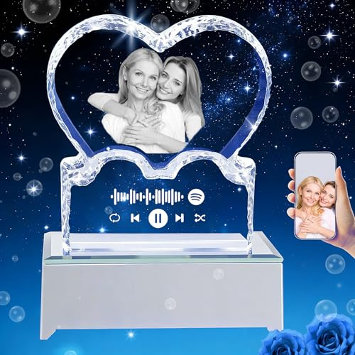 Dilamus Foto de Cristal Personalizada, Grabado Personalizado Corazón de Foto de Cristal con Código Spotify para Él Ella Hombres Mujeres, Regalos de de con Base para Cumpleaños Aniversario