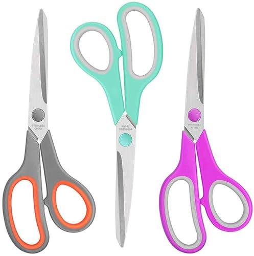 Paper Scissors 3 Pack, Sturdy 8 Stainless Steel Office Scissors with Ultra Sharp 2.5mm Blades, Comfort-Grip Handles, Multipurpose Shears for Home School Office Art Craft Sewing Tailor