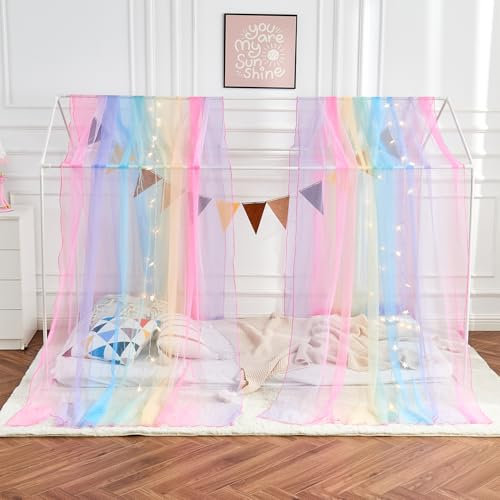 WANFASO House Bed Canopy for Girls, Rainbow Canopy Bed Curtains Twin with Lights, Princess Sheer Bed Canopy Scarf for Girls Room Decor (2 Panel)