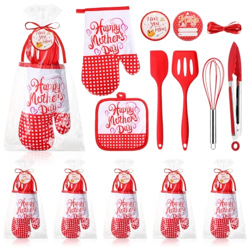 Maxdot Set da 42 pezzi per la festa della mamma Love You Mom guanto da forno e presine Bulk 25,4 cm rosso mini utensile da cucina con biglietto regalo, regalo migliore mamma per apprezzare la cottura