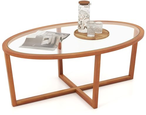 COSTWAY Soffbord glas, sidobord ovalt transparent, vardagsrumsbord med korsben och ben av akaciaträ, glasbord modernt, soffbord för vardagsrum, 118 x 71,5 x 47,5 cm