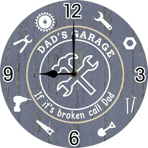 Geroclonup Dad's Garage Wall Clock, Father's Day Clock, Man Cave Decor, Gift for Father Dad Husband, Valentine Gift, Grage Wall Decor Sign, 25CM(Round) Round Silent Non Ticking Battery Operated