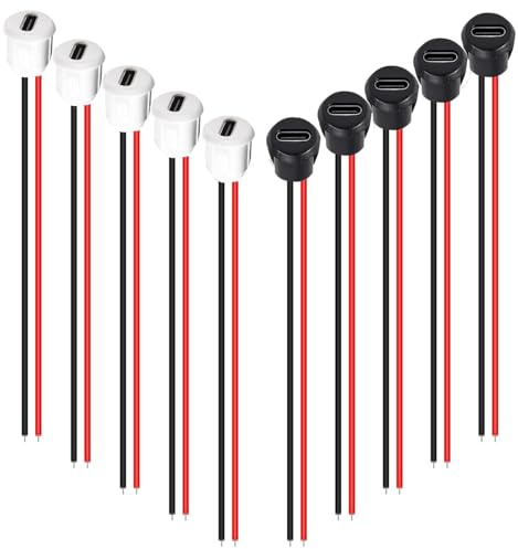 RUNCCI-YUN 10 Stücke USB C Buchse 5V 3A 2 Polige Runden mit Schnappnut Schnalle, 2-Draht USB C löten einbaubuchse mit PD Funktion,150mm 24 AWG Drähten, Schwarz Weiß