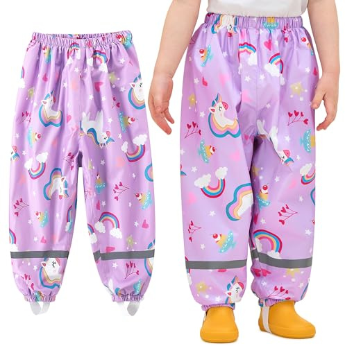 Baogaier Pantalon de Lluvia para Niños, Impermeables y Resistentes al Viento, Caballo púrpura Pantalones Reflectante para Barro, sin Forro, Deporte Pantalones para Niña Nino 3-4 años