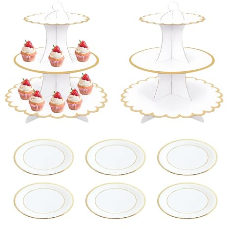 3-Tier Cardboard Cupcake Stand, 2pcs Dessert Rack Display Rack with Plates | Circular Tower Cake Stand Rack for Afternoon Tea, Birthdays, Mother's Day, Parties