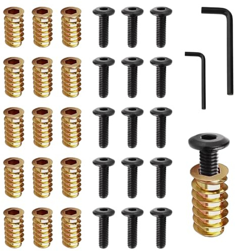 CATELL 20 Piezas Tuercas para Madera M6 x 20, Tornillos De Cabeza Plana Inoxidable y Tuercas de Rosca M6 x 20 con 2 Pcs Llaves Hexagonales Tuerca de Inserción de Maderas para Muebles de Madera