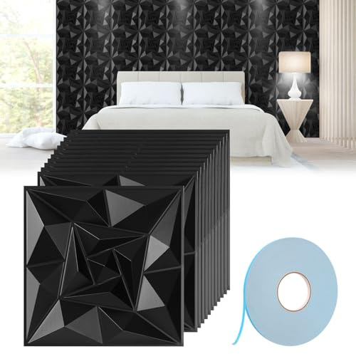 Jopassy Lot de 48 panneaux muraux 3D diamant - 30 x 30 cm (4,32 m²) - Panneaux muraux 3D - Pour salle de jeu avec ruban adhésif - Plaques décoratives murales en PVC imperméables - Noir mat