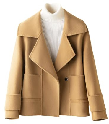 utcoco Womens Short Wool Pea Coat Notched Lapel Cropped Woolen Trench Coat with Pockets (Small, Camel)