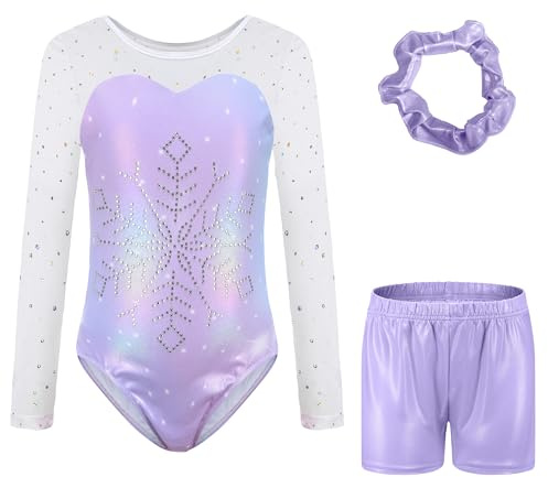 Sinooem Dreiteilige Gymnastikanzüge Für Mädchen Langärmelig Gymnastik Trikot Set mit Shorts und Haarband, Gymnastik Outfit Glitzernde Schmetterlinge für 5-12 Jahre (Lila, 9-10 Jahr)